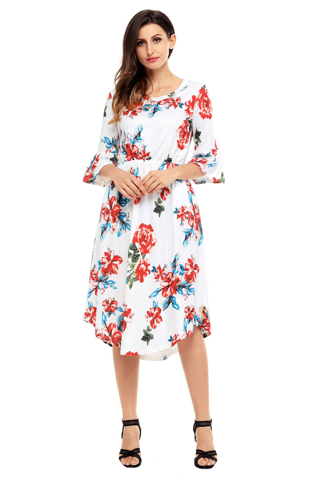 White 3/4 Bell Sleeve Floral Midi Dress