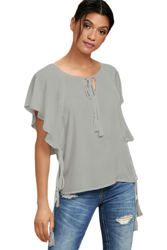 Gray Butterfly Sleeve Top with Tasseled Ties
