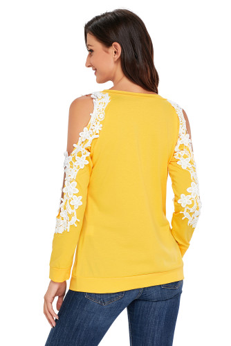 Lace Trim Cold Shoulder Yellow Long Sleeve Top