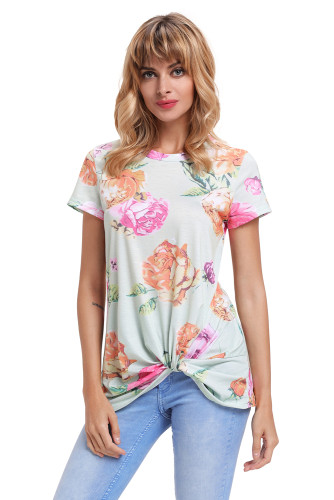 Light Green Floral Short Sleeve Knot Top