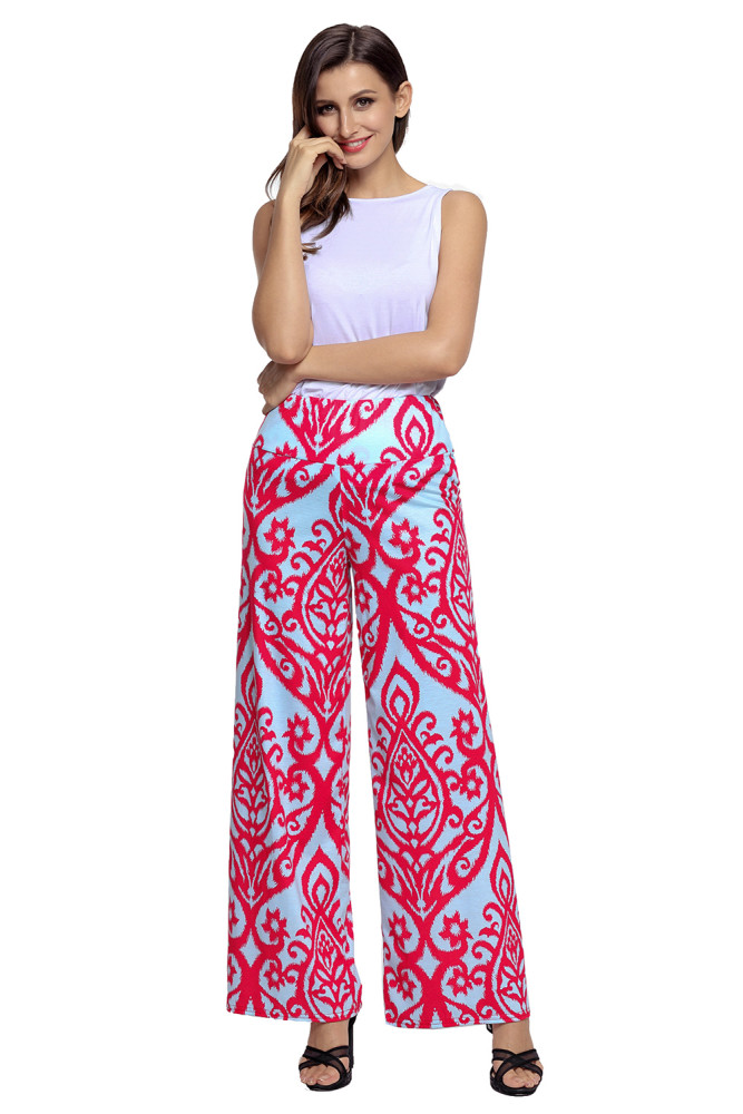 Red Damask Print Blue Palazzo Pants