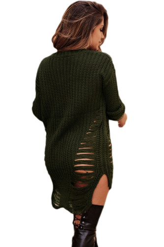 Olive Button Closure Distressed Long Sweater