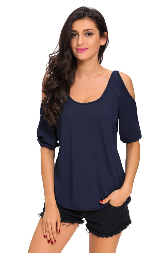 Navy Blue Scoop Neck Cold Shoulder Oversize Top