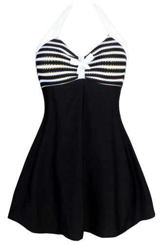 Black White Stripes Gold Trim One-piece Swimdress
