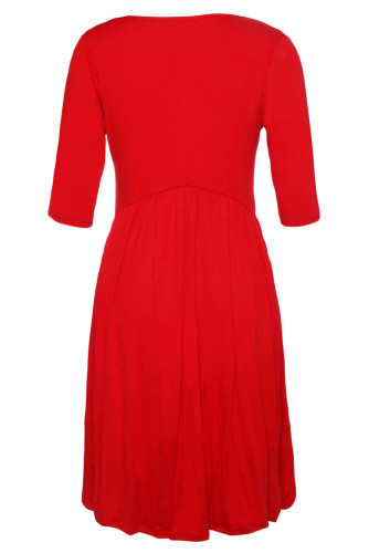 Red 3/4 Sleeve Draped Swing Dress