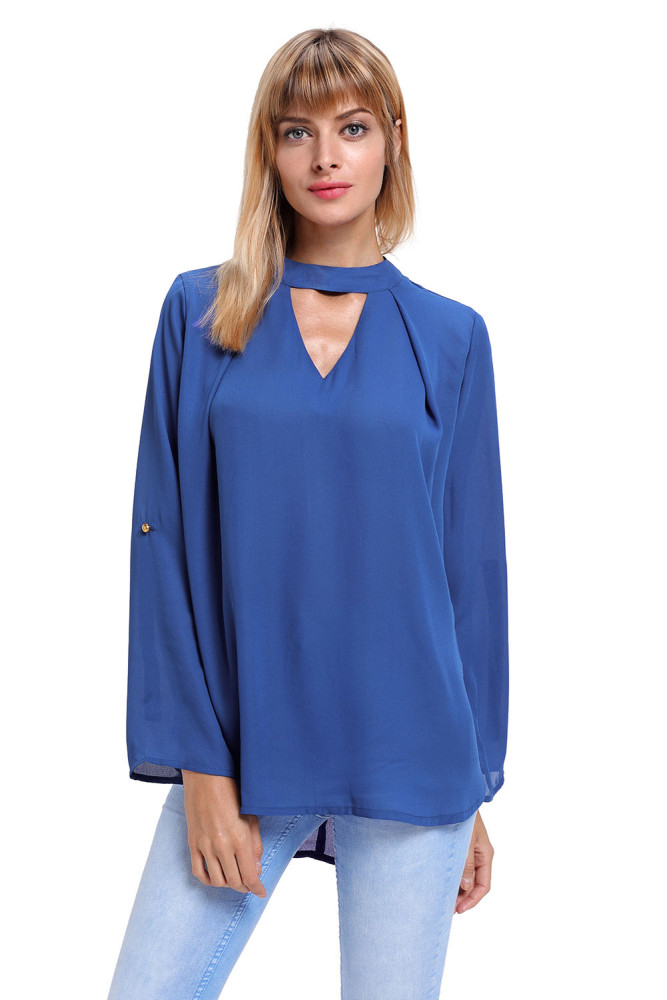 Blue Choker Cut out V Neck Blouse with Keyhole Back