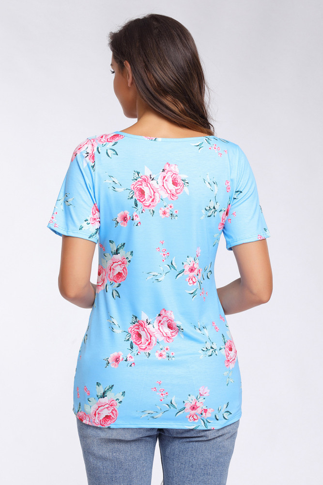 Strappy Neck Detail Blue Floral Short Sleeve T-shirt