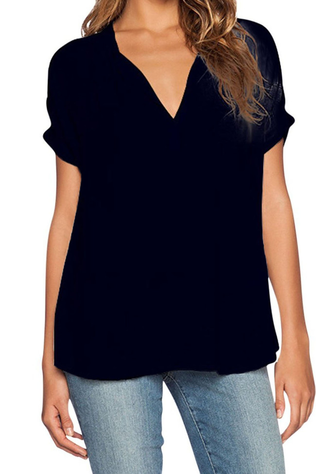 Black V Neck Short Sleeve Oversize Chiffon Blouse
