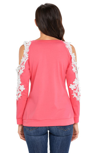 Lace Trim Cold Shoulder Coral Long Sleeve Top