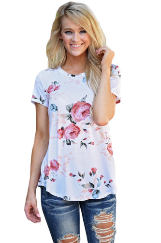 White Short Sleeve Round Neck Floral Printed T-shirt
