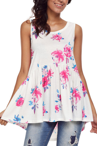 White Blooms Floral Print Sleeveless Babydoll Tank