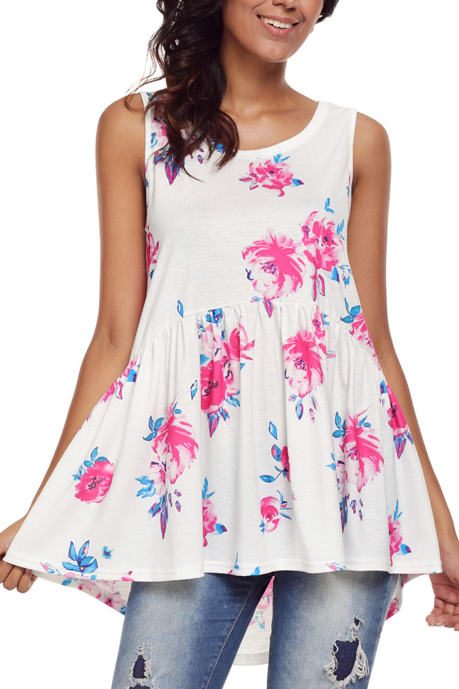 White Blooms Floral Print Sleeveless Babydoll Tank
