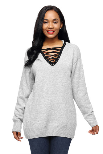 Gray Chic Long Sleeve Sweater with Lace up Neckline
