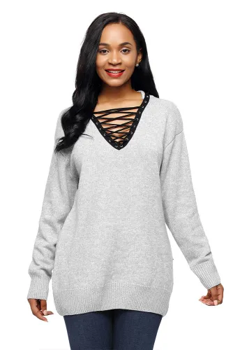 Gray Chic Long Sleeve Sweater with Lace up Neckline
