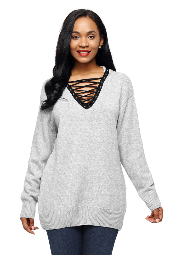 Gray Chic Long Sleeve Sweater with Lace up Neckline