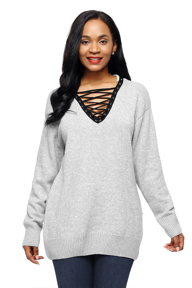 Gray Chic Long Sleeve Sweater with Lace up Neckline