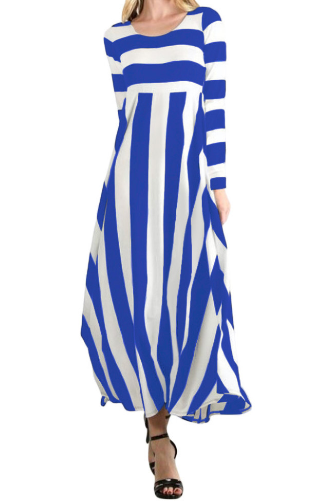 Blue Bold Stripe Long Sleeve Maxi Dress
