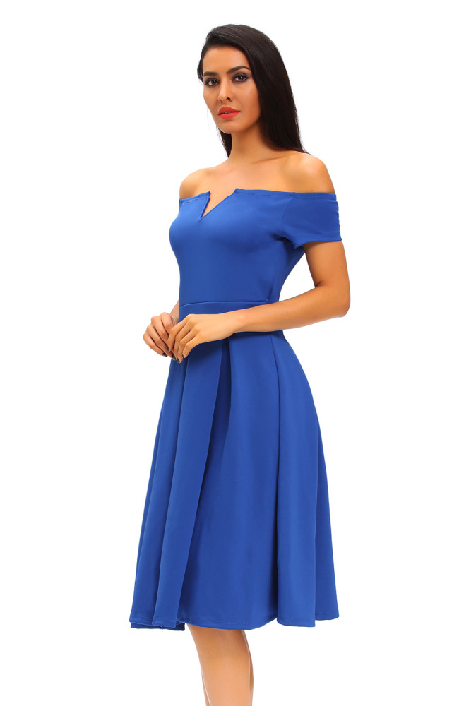 Solid Blue Thick Flare Midi Vintage Dress