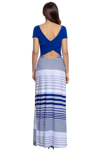 Navy Blue Crisscross Back Muliticolor Maxi Dress