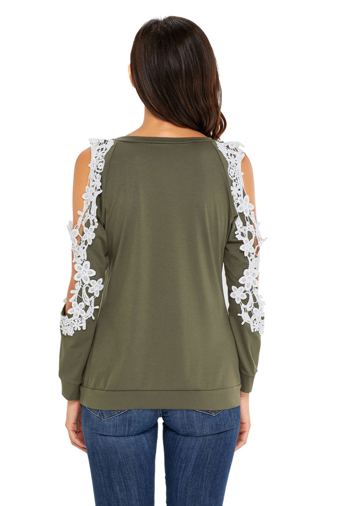 Lace Trim Cold Shoulder Green Long Sleeve Top