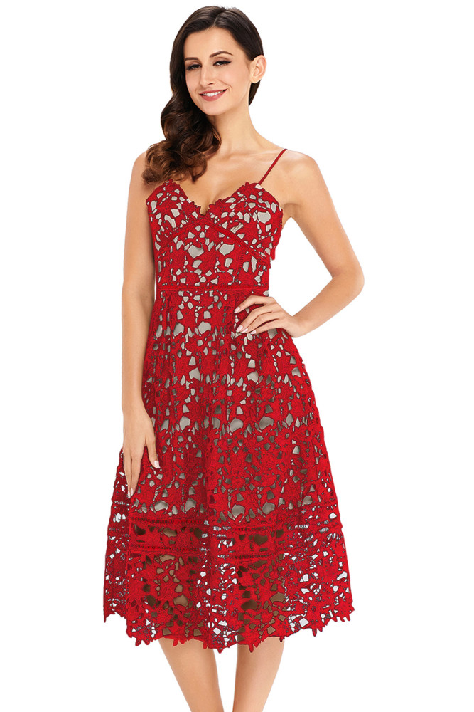 Burgundy Lace Hollow Out Nude Illusion Party Dress