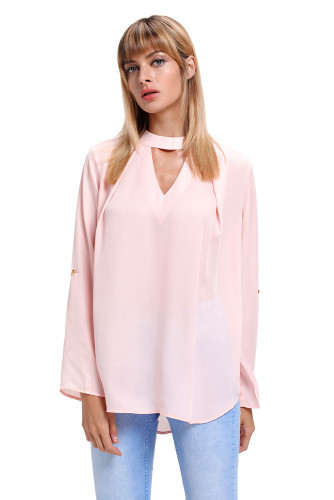 Pink Choker Cut out V Neck Blouse with Keyhole Back
