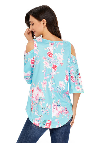 Light Blue Floral Print Three Quarter Sleeve Drop Shoulder Blouse