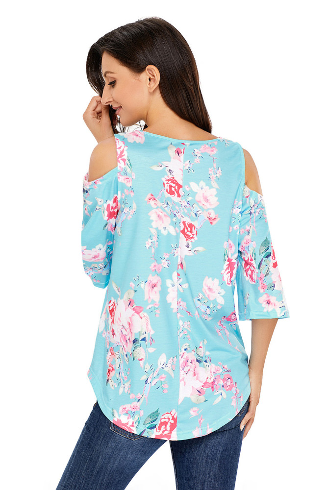 Light Blue Floral Print Three Quarter Sleeve Drop Shoulder Blouse