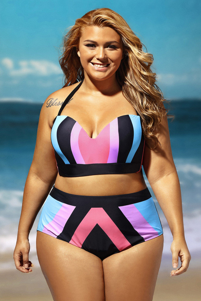Plus Size Strapped Color Splice Two Piece Swimwear