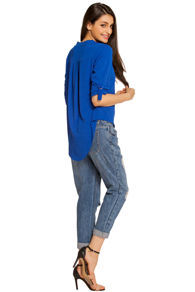 Royal Blue V Neck Loose Fitting Chiffon Blouse
