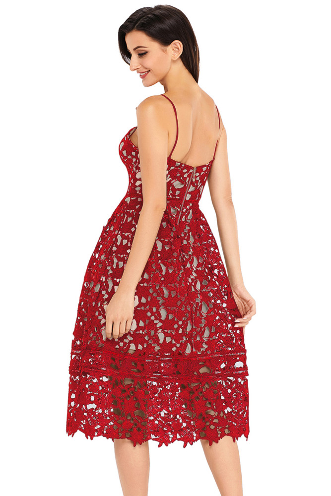 Burgundy Lace Hollow Out Nude Illusion Party Dress