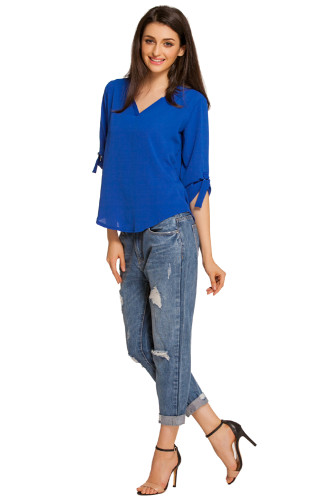 Royal Blue V Neck Loose Fitting Chiffon Blouse