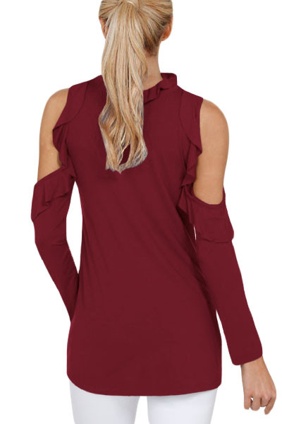 Burgundy Cold Shoulder Ruffle Top