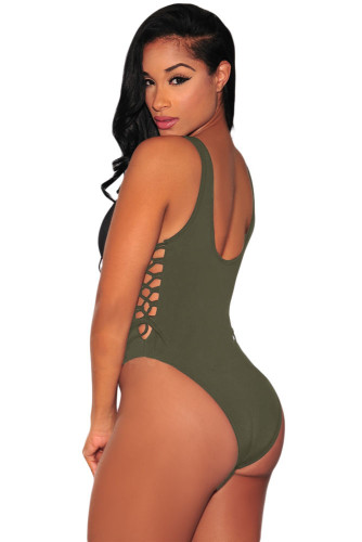 Army Green Lace up High Cut Bodysuit