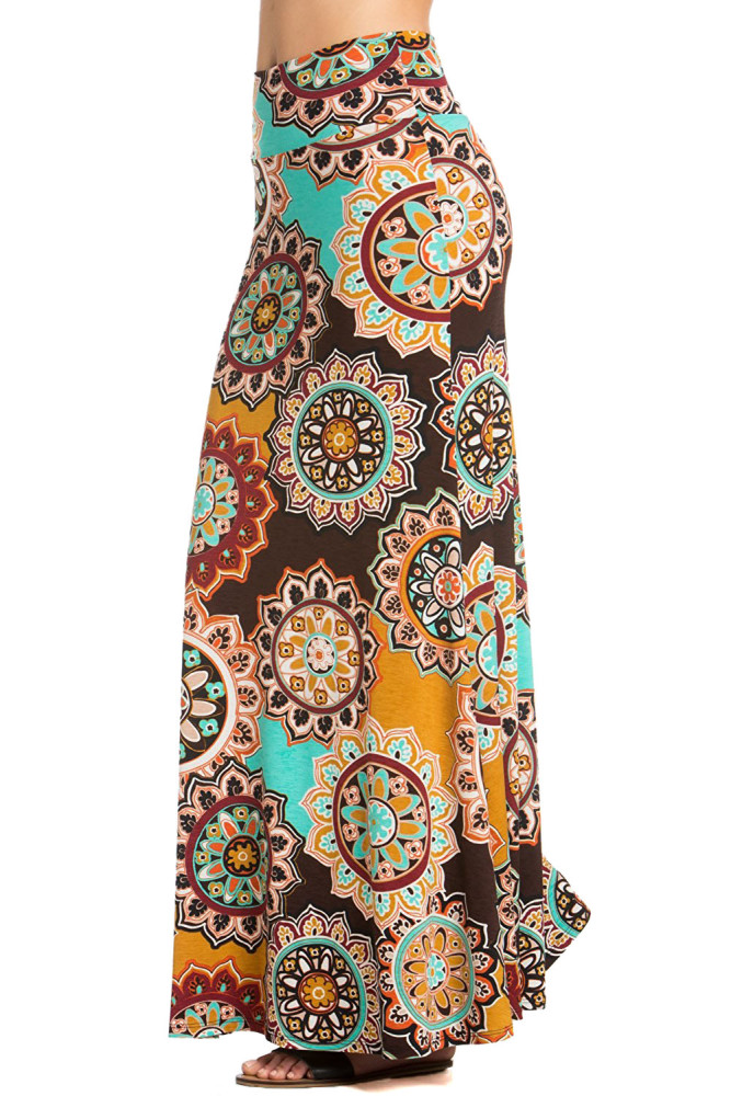 Brown Yellow Bohemian Print Maxi Skirt