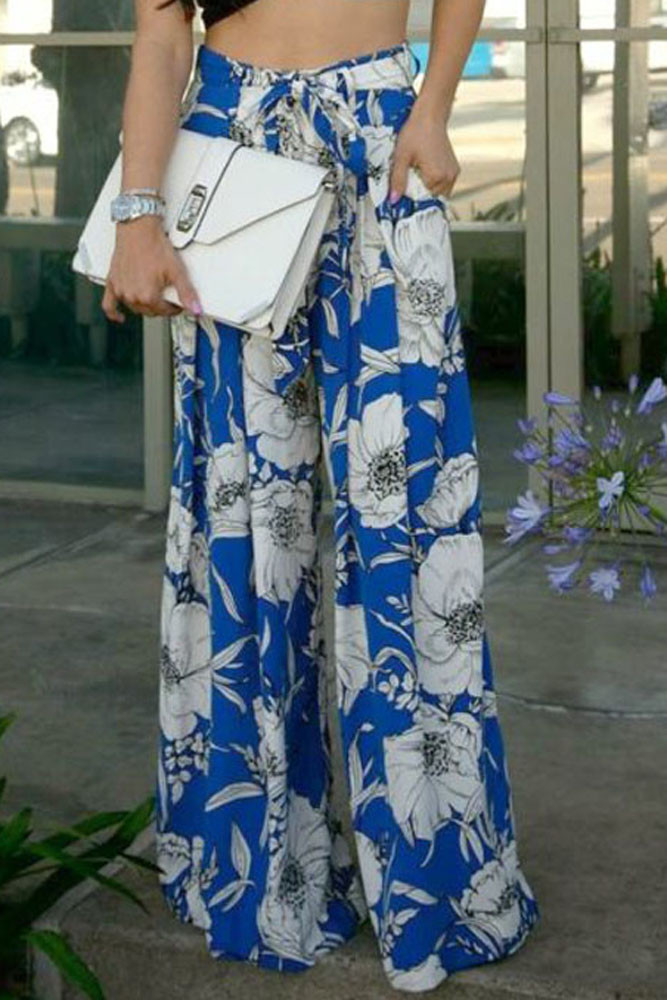 Blue White Floral Print Palazzo Pants