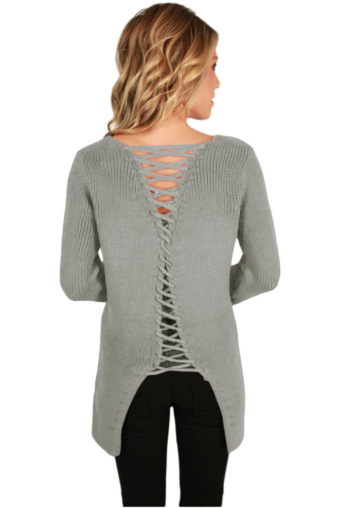 Gray Never Look Back Lace Up Sweater