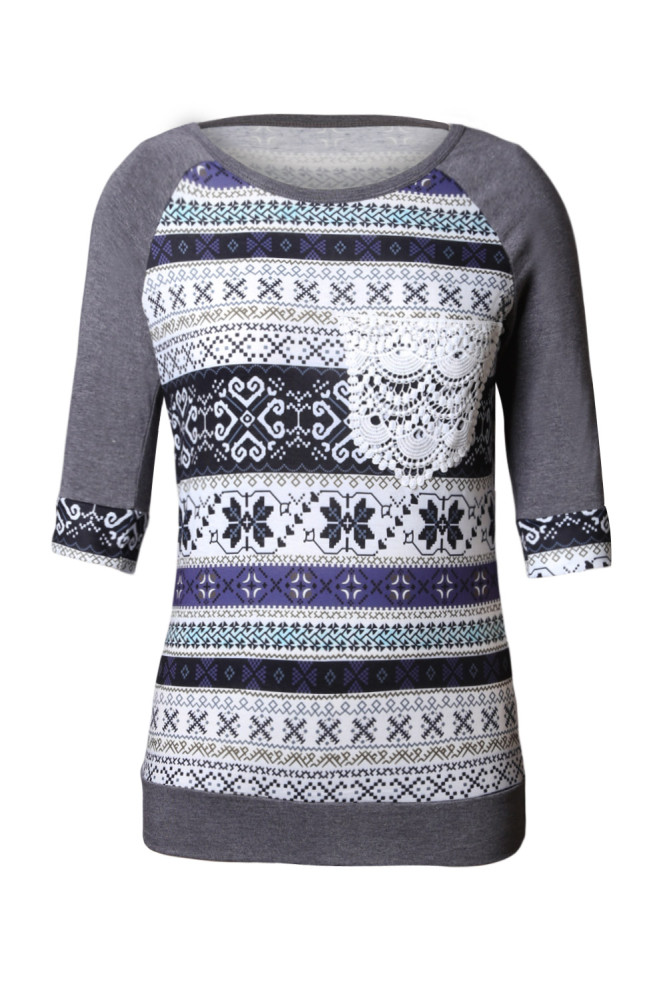 Grey Raglan Sleeve Lace Pocket Detail Printed Top