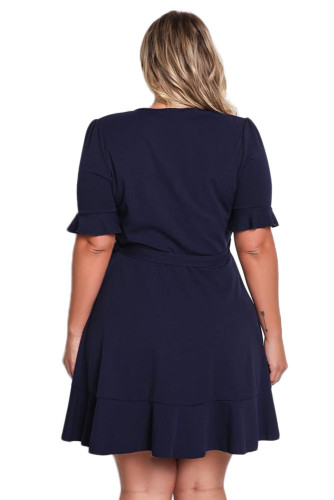 Navy Blue Plus Size Ruffle Surplice Wrap Dress, for Women's 30%