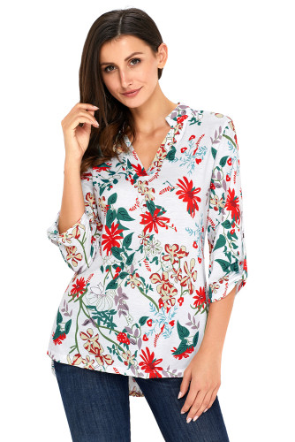 White Magenta Floral Print Slight V Neck Blouse