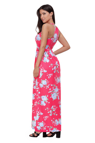 Fuchsia Floral Print Sleeveless Long Boho Dress