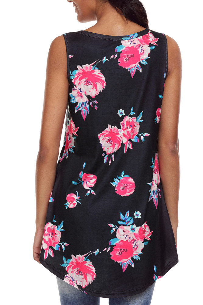 Black Blooms Floral Print Sleeveless Babydoll Tank