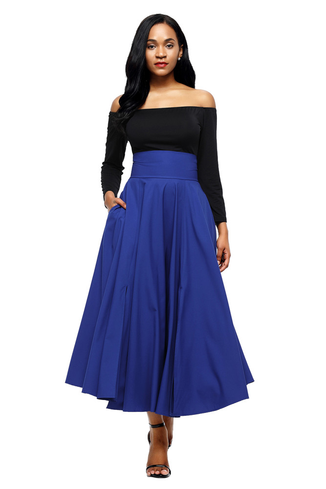Blue Retro High Waist Pleated Belted Maxi Skirt