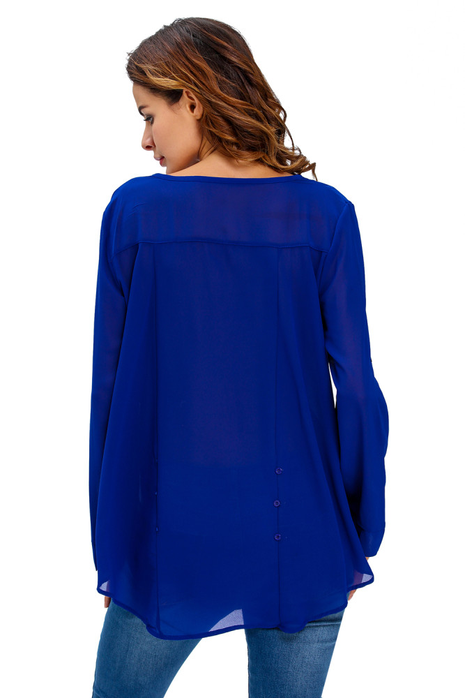 Royal Blue V-Neck Button Detail Dip Back Blouse Top