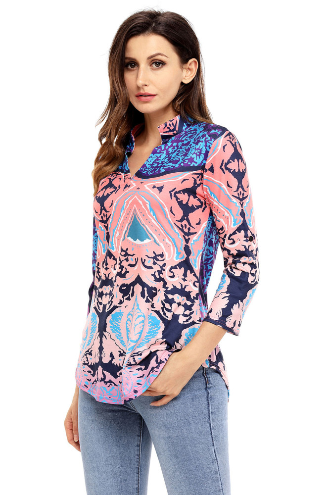 Coral Navy Easily Obsessed Damask Print Split V Neck Tunic