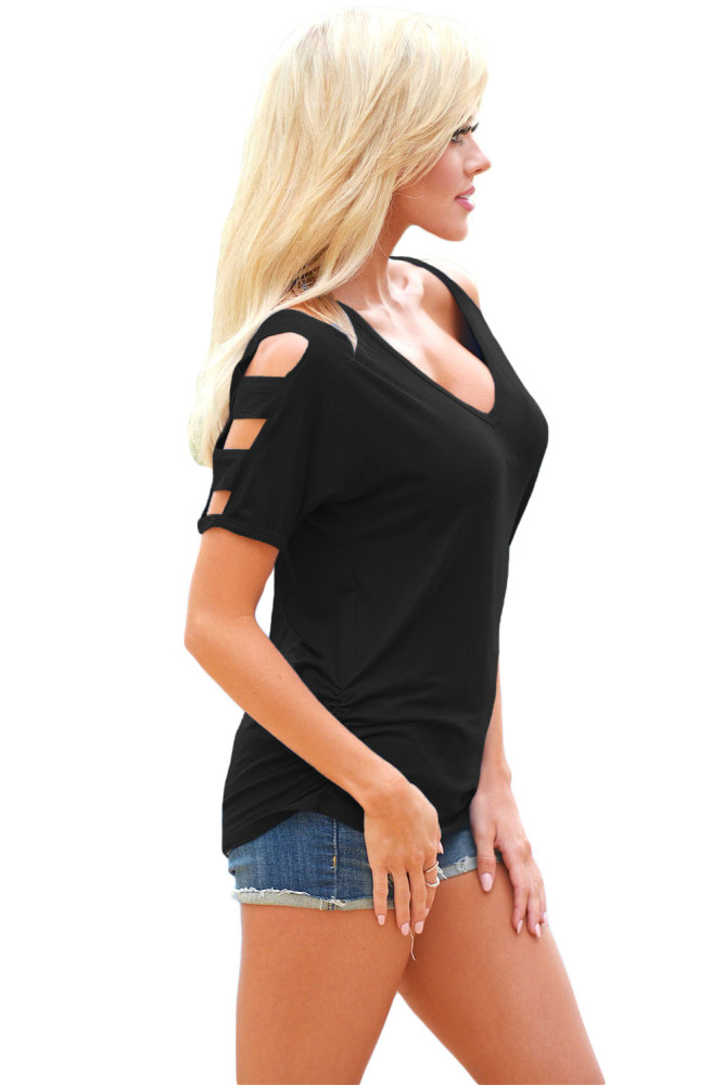 Black Cold Shoulder Ruched Sides T-shirt