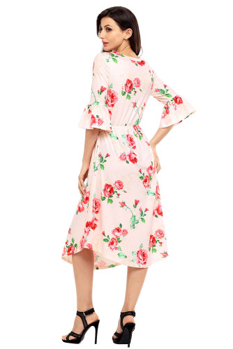 Pink 3/4 Bell Sleeve Floral Midi Dress