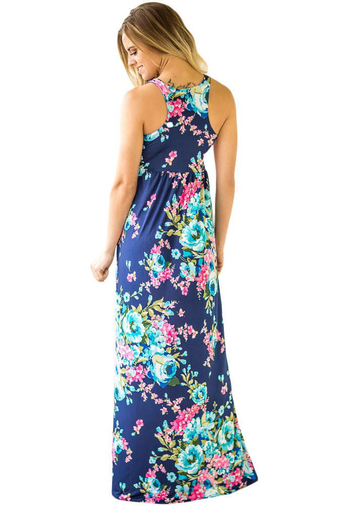 Navy Floral Print Sleeveless Long Boho Dress