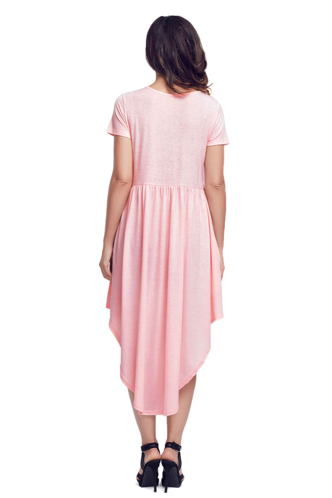 Pink Short Sleeve High Low Pleated Casual Swing Dress