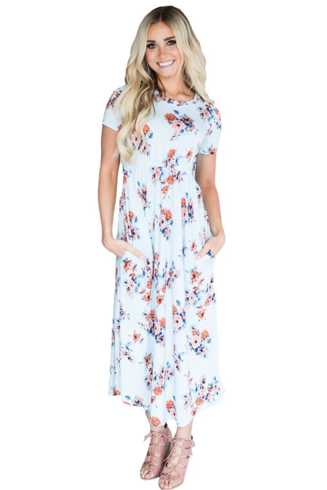 Casual Pocket Design Light Blue Floral Dress
